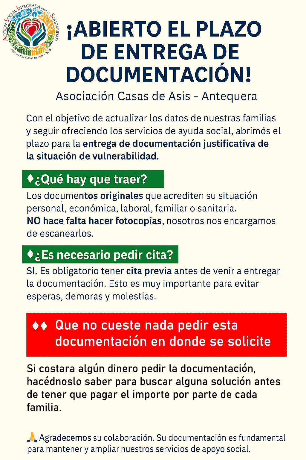 Solicitud de documentación para acreditar situación de vulnerabilidad social